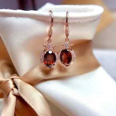 #ad Oval Garnet Lab Created Women Dangle Earrings Shiny 14K Rose Gold Plated $139.99