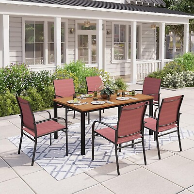 #ad 7PCS Outdoor Patio Dining Set Rectangle Wood like Table with Umbrella Hole Red $373.14