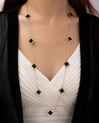 #ad Black Four Leaf Clover Necklace 4 Leaf Clover Gold Tone Necklace 29quot; $13.95