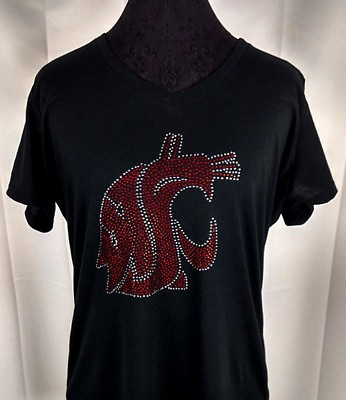 #ad Women#x27;s Washington State Cougars Rhinestone Football V neck T Shirt Tee Bling $26.99
