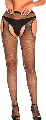 #ad Sexy Rhinestone Fishnet Stockings Sparkle See through Suspenders Thigh High Stoc $14.57