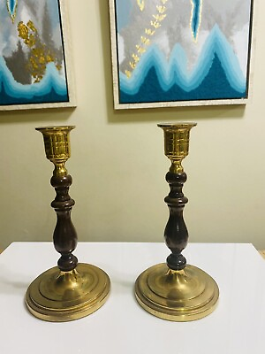 #ad Pair Vintage Brass and Wood Candlesticks Mid Century Modern Retro 7” Tall $18.90