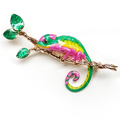 #ad Brooch Colourful Lizard Pink Yellow Chameleon Green Leaves Lovely Unisex Pin C $7.99