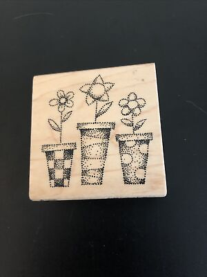 #ad Wooden Mounted Rubber Stamp Potted Flowers LL $5.85