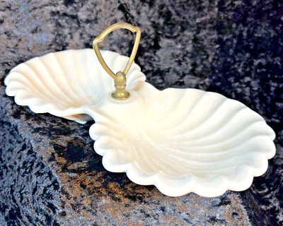 #ad Vintage White Dual Scalloped Candy Nut Mint Dish with Brass Handle USA Pottery $16.00