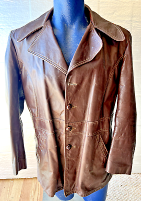 #ad Vintage 1950s Men#x27;s Brown Leather Skaler Coat Size 44 $34.99