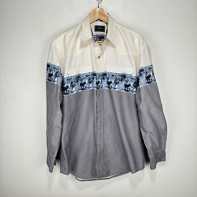 #ad Roper Pearl Snap Western Shirt Men Medium White Gray Blue Horses Landscape $31.40