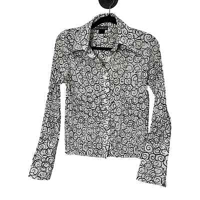 #ad Bebe Women’s White Black Swirl Button Down Top Collared Ruffle Top Size Large $13.30