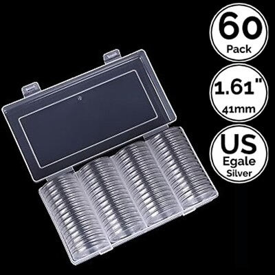 #ad 60 Pack 1.61 IN 41 mm Round Coin Capsule Holders w Case Fit US Silver Eagle $14.95