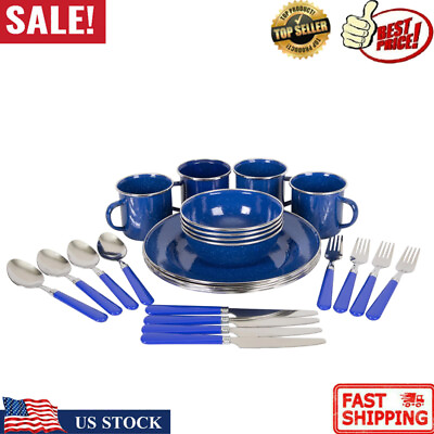 #ad Camping Tableware Set Hiking Backpacking 24 Piece Enamel Home Family Camping NEW $36.67