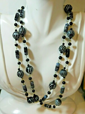 #ad Vintage Long Wired Black White Stripe Molded Tube Glass Bead 34quot; Necklace 2G 6.1 $62.99