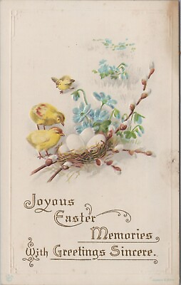 #ad Easter chicks eggs nest pussy willow James Pitts embossed c1910s postcard A915 $9.59