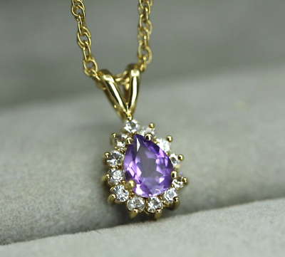 #ad Vintage Mid Century Gold Plated Pendant Rope Necklace Purple Amethyst CZ Halo $64.99