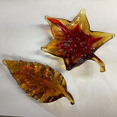 #ad Set of two hand blown amber glass fall leaves paperweights￼ $29.99
