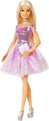 #ad Barbie Happy Birthday Doll Blonde Sparkling Pink Party Dress $23.35