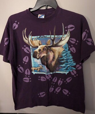 #ad Vintage On Location Purple Moose Tshirt Size Large Single Stitch Hanes Beefy T $22.49
