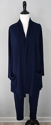#ad Susan Graver 2 pc. Blue Stretch Long Open Front Jacket Coat Ankle Pants Size XXS $29.99