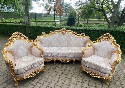 #ad #ad 1900s French Louis XVI 3 pcs Sofa Set Gold Leaf Beech amp; Pale Pink Damask $3900.00