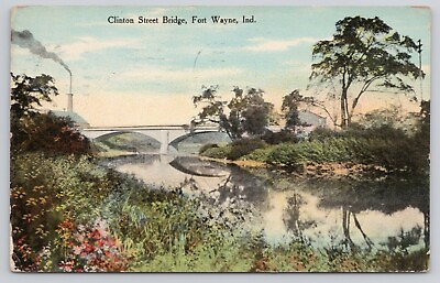 #ad Fort Wayne IN Indiana Clinton Street Bridge Antique Factory Smoke Postcard 1913 $7.69