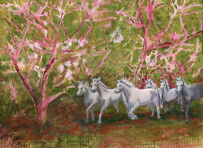 #ad ORIGINAL ART PAINTING RUNNING HORSES LANDSCAPE RED BUD TREES USA BY SUE FURROW $125.00