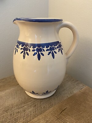 #ad Lamas Pitcher Stoneware Made In Italy Beige Blue Floral Pottery 8.25” $15.95