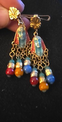 #ad VintageArt Egyptian Revival Earrings Clip On Vintage Beads Dangle Travel $10.00