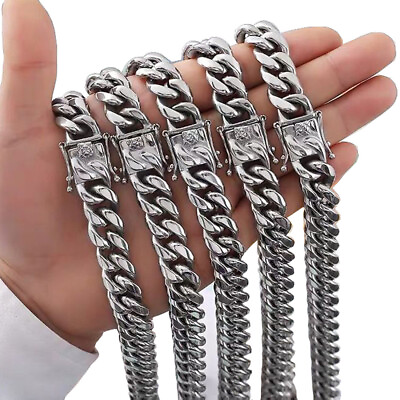 #ad Fashion Mens Miami Cuban Link Bracelet or Chain Necklace Silver Stainless Steel $996.55
