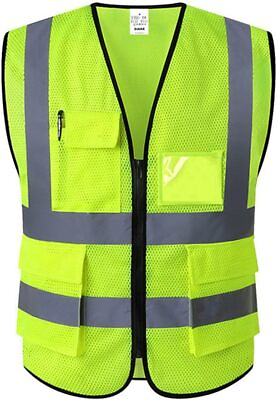 #ad Neon Yellow Reflective Vest High Visibility Safety Vest with 5 front pockets 2XL $5.59