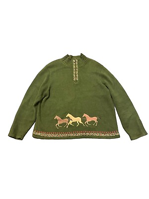 #ad Vintage Mandal Bay Green Horse Equestrian Sweater Women’s Size XL $18.71