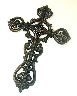 #ad Metal Wall Cross Rustic Black Gold Distressed ornate religious home decor 8.5quot; $16.94