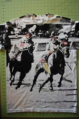 #ad VTG Horse Racing T Shirt Size LG 50 50 All Over Print USA Made AOP Stedman Super $39.99