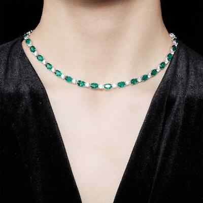 #ad Vintage SS925 Silver 10Ct Emerald Oval Cut Lab Gemstone 16#x27;#x27; Necklace For Her $227.99