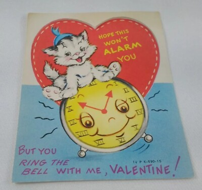 #ad Valentine Card Kitten Alarm Clock Ring The Bell With Me 1940s Romantic Greeting $12.99