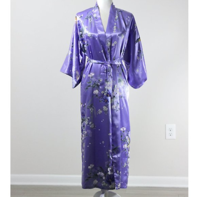 #ad Japanese Kyoto Purple Floral Long Satin Kimono Robe $55.19