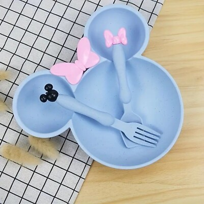 #ad Mickey Minnie Mouse Bowl With Spoon And Fork Ears Blue Disney Mouse Ear Shape $13.50