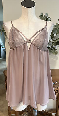 #ad Victoria’s Secret woman’s large Taupe lace Chiffon semi sheer baby doll Teddy XX $12.99
