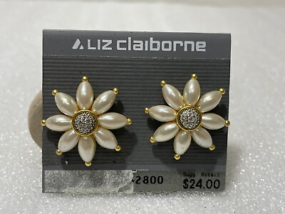 #ad Vintage Liz Claiborne Gold Tone Flower Faux Pearl amp; Crystal Clip On Earrings $34.84