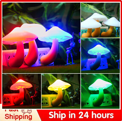 #ad 2X Mushroom LED Night Lights Romantic Light Sensor Plug in Wall Lamps 7 Color US $8.88