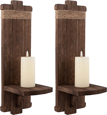 #ad 2Pcs Rustic Wall Hanging Candle Sconces Farmhouse Wall Mounted Wooden Candle Ho $33.81