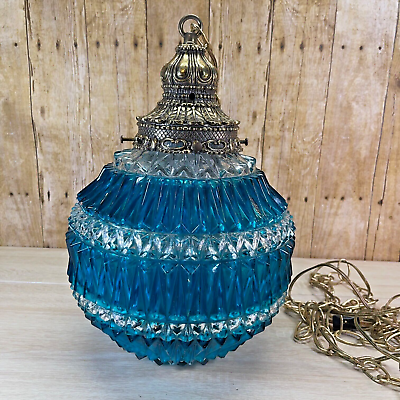 #ad Vintage Hanging Blue Retro Swag Light Glass Lamp 10quot; Brass Working $149.99