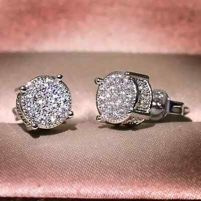#ad Exquisite Pave 14K White Gold Plated Shiny Cubic Zirconia Men Women Stud Earring $8.85
