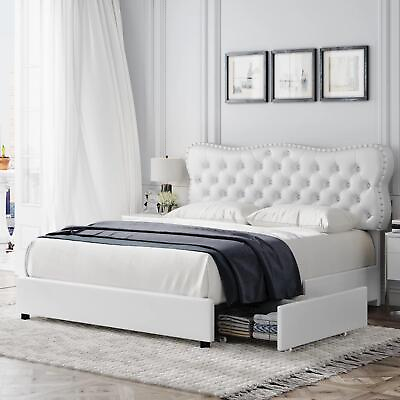 #ad Glam Queen Size Faux Leather Platform Button Tufted Bed Frame 4 Storage Drawers $286.97
