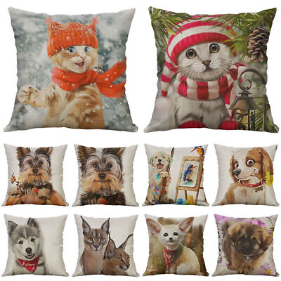 #ad Pillow case Cotton Christmas Cover Dog Decor Home Linen New Animal Printing Cat $3.17