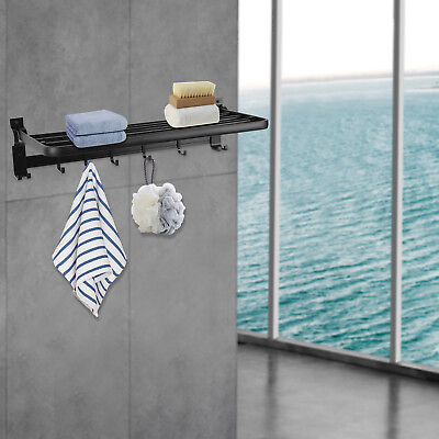 #ad Space Aluminum Towel Rack Shelf with Towel Bar and 5 Movable Hook 24 Inch Black $14.25