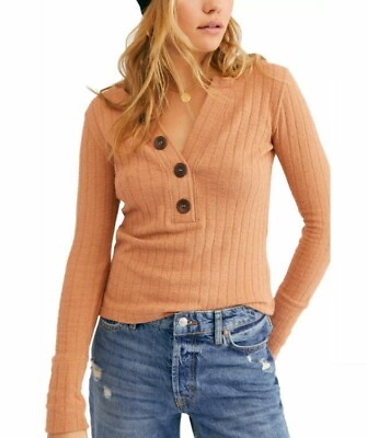 #ad Free People Oliver Henley Top Small Terracotta Clay Tan Ribbed Knit Long Sleeve $20.99