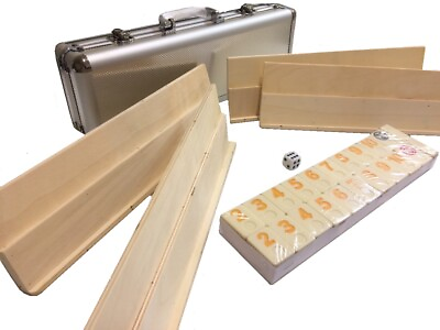 #ad Rummy Tiles Games DLX Set 4 Wooden Racks In Attaché Alum Case 106 Tiles Free Shi $33.95