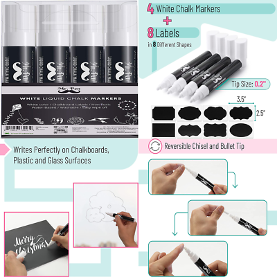 #ad White Chalk Markers 4 Pack Dual Tip 8 Labels Dry Erase Blackboard Chalkboard $9.27