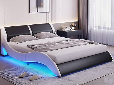 #ad Modern Upholstered Platform Bed Frame with LED Lights Underneath Wave Like Queen $249.89