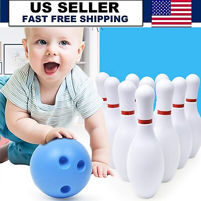 #ad Kids Children Large Bowling Set 10 Pin Skittle 2 Ball Indoor Summer Fun Toy Game $13.99