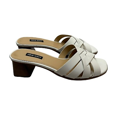#ad Nine West Womens GARNET Sandals Size 8 M White Leather Strappy Block Heel Slide $27.03